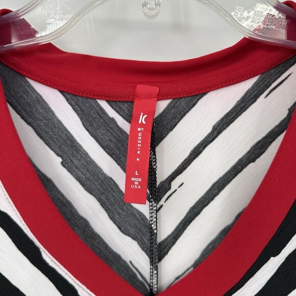 IC BY CONNIE K shirt top tunic striped knit 3/4 sleeve pockets v neck LARGE - Picture 8 of 9